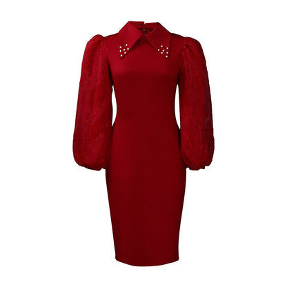 Pencil Skirt Dress With Beading And Mesh Panel