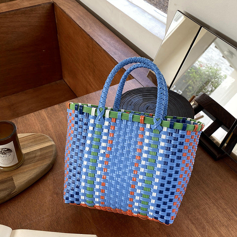 Handwoven Tote Bag Color Block Beach Bag