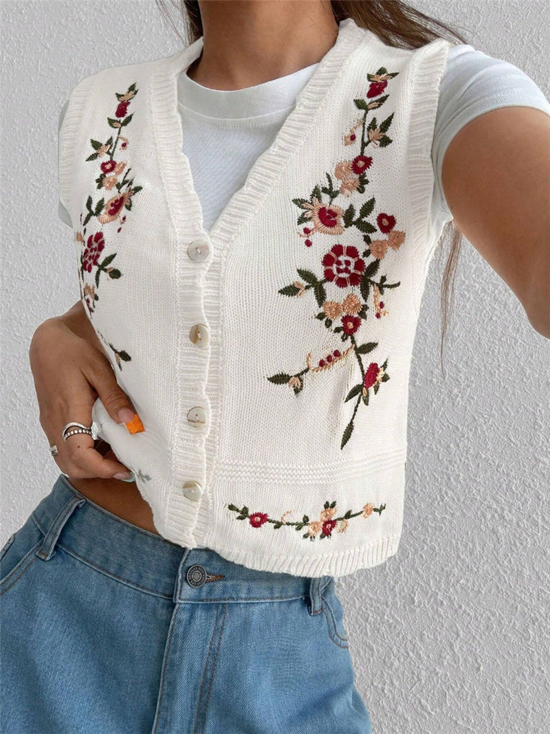 Floral Embroidery V-Neck Knit Sweater Vest