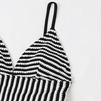 Striped V-Neck Drawstring Sexy One Piece Swimwear