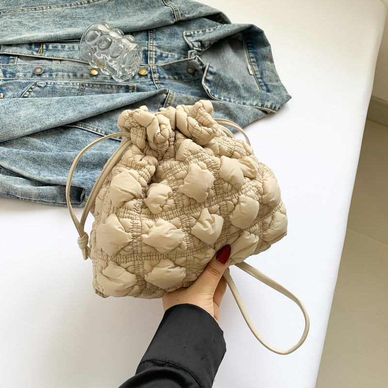 Ruffle Drawstring Bucket Bag Stylish Nylon Tote Bag