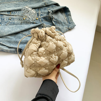 Ruffle Drawstring Bucket Bag Stylish Nylon Tote Bag
