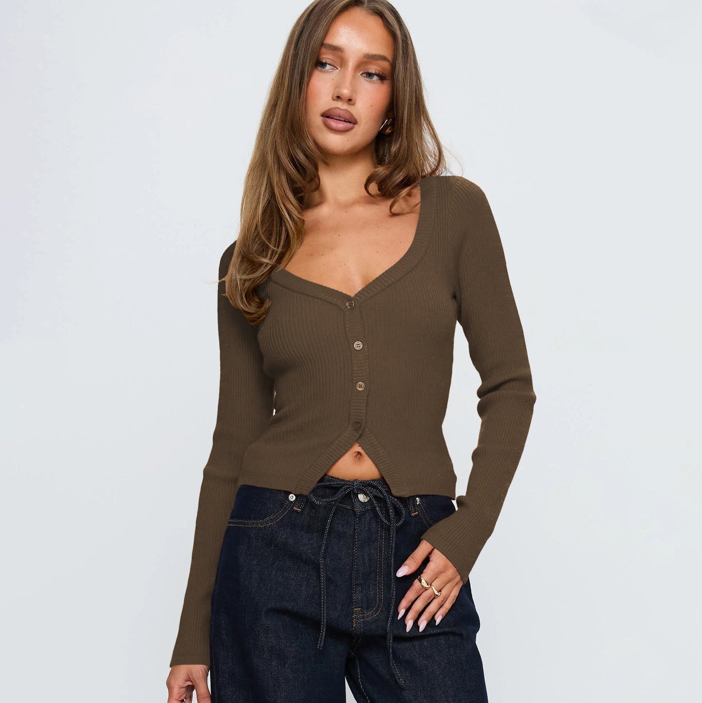 V-Neck Long Sleeve Cardigan Cozy Casual Top