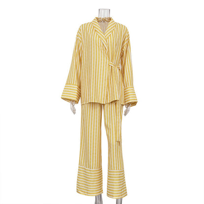 Fashionable Striped Long Sleeve Loose Tie Top & High Waist Pants Set
