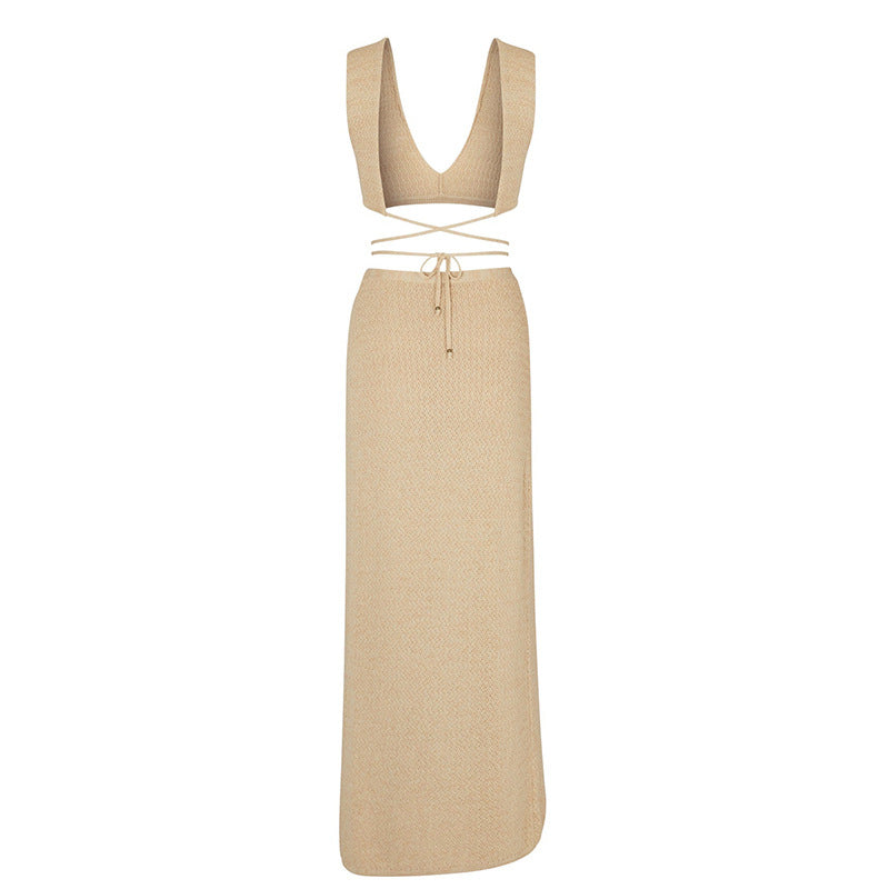 Solid Color V-Neck String Tie Swim Cover Up Set