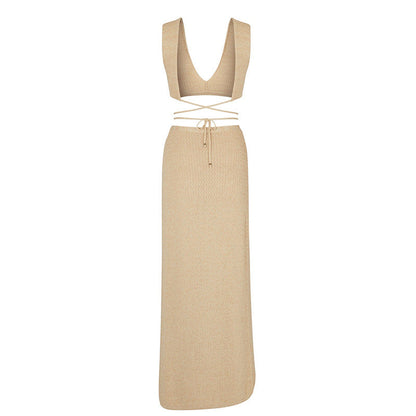 Solid Color V-Neck String Tie Swim Cover Up Set