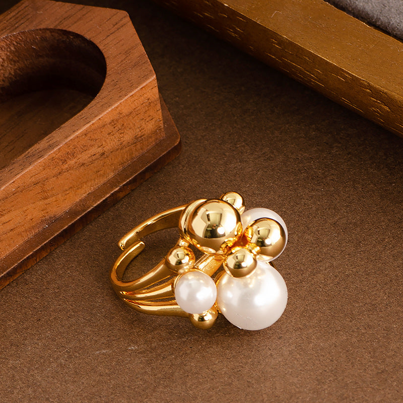 Adjustable Open Pearl Ring For Women In Gold Plated Fashion