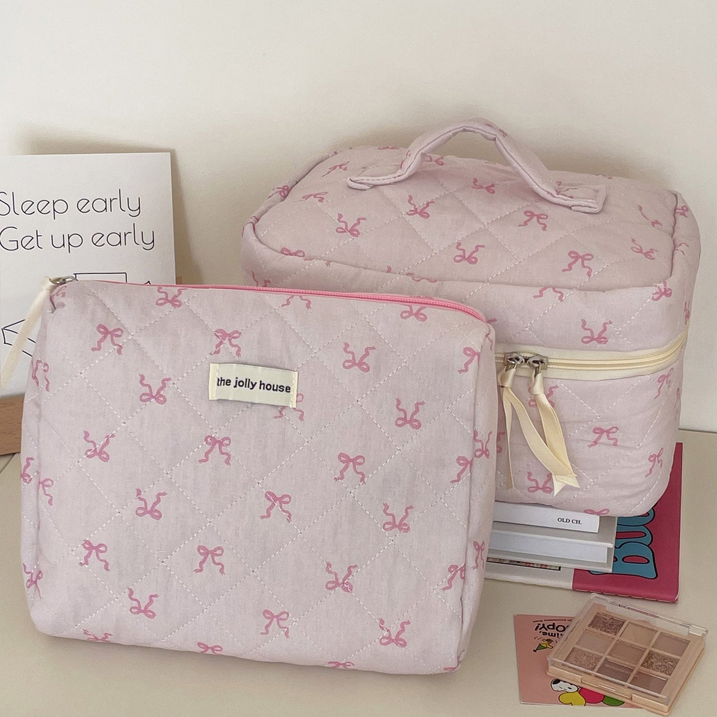 Pink Ribbon Bow Makeup Bag Quilted Pouch