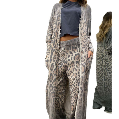 Leopard Print Long Sleeve Cardigan Set with Pants