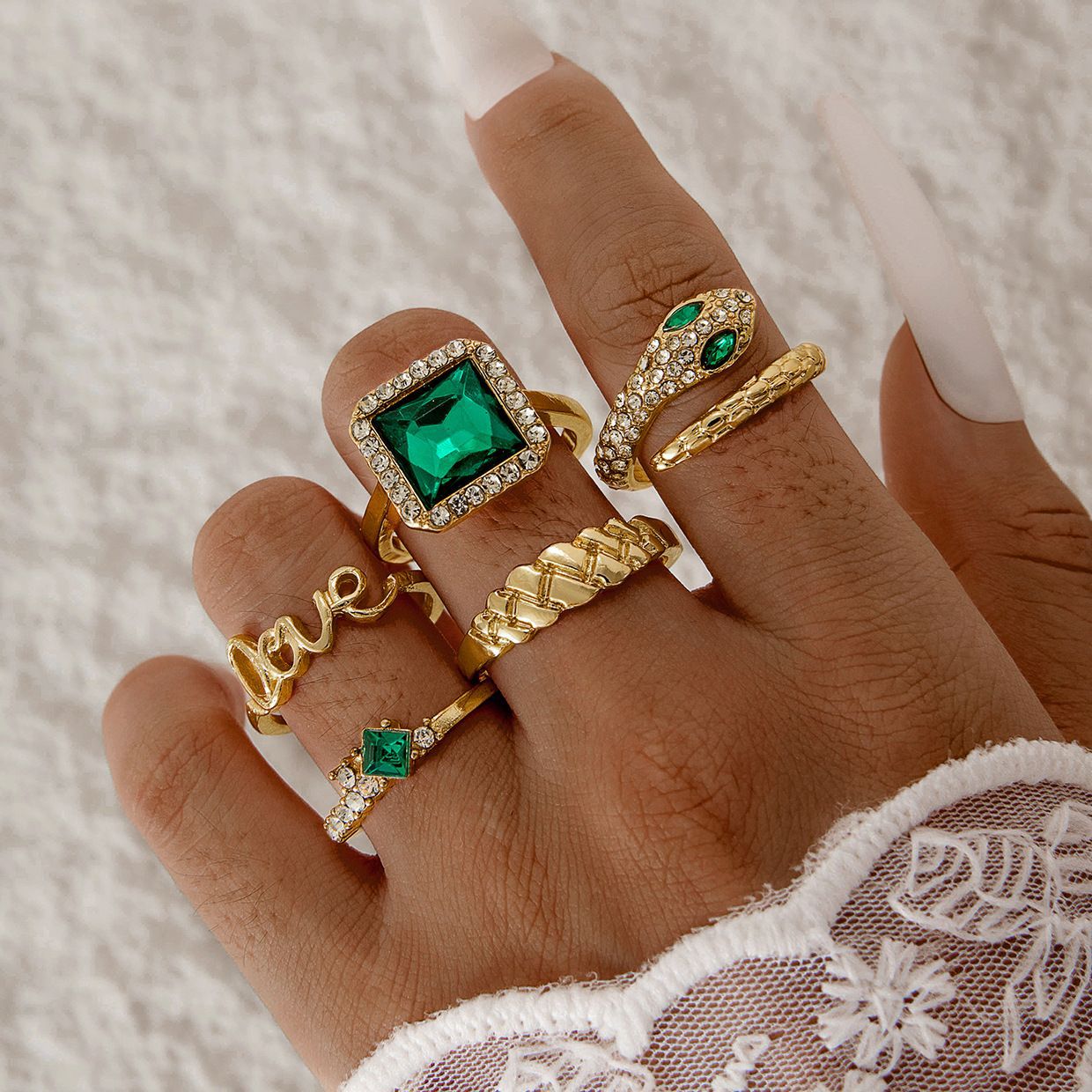 Geometric Gemstone Ring Set Fashionable Zinc Alloy Stackable Rings
