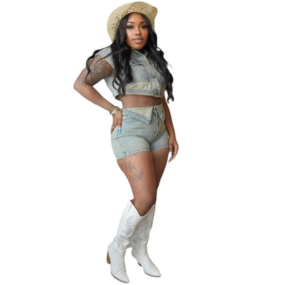 Casual Color Block Denim Set With Short Sleeve Top And High-Waisted Pants