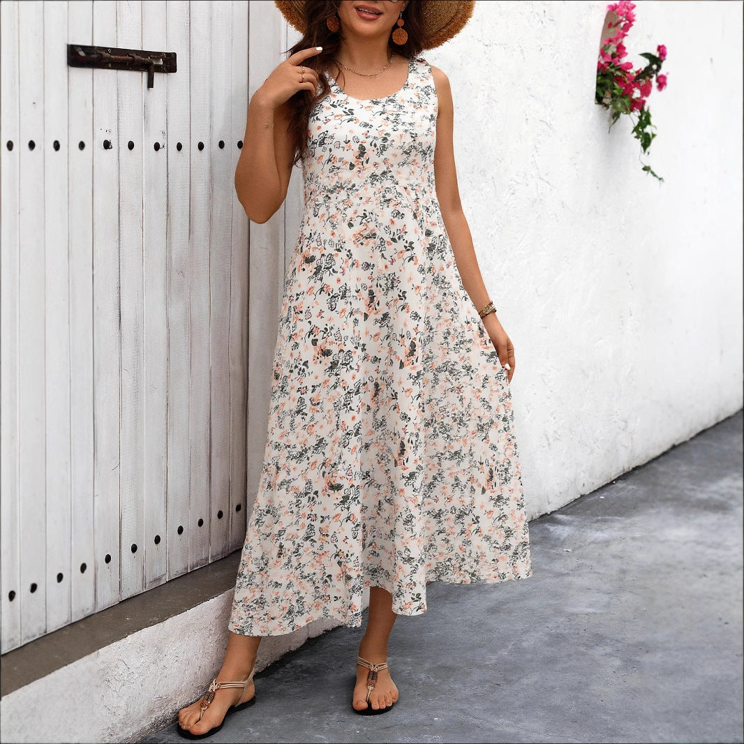 Floral Print A-Line Maxi Dress with Pockets