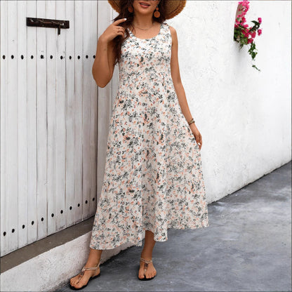 Floral Print A-Line Maxi Dress With Pockets