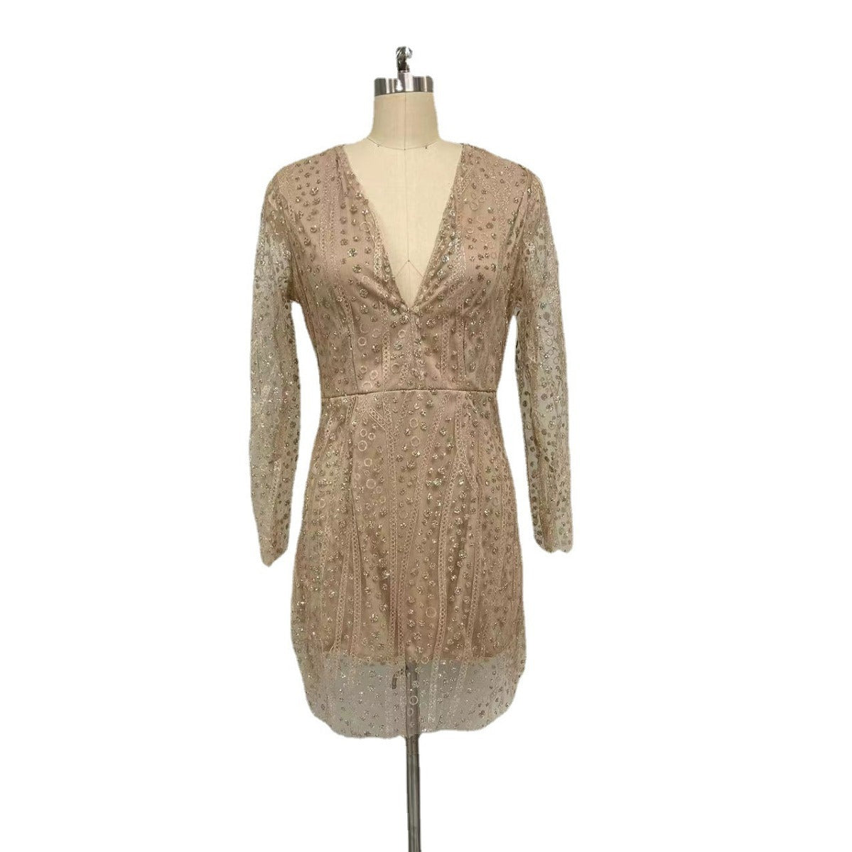 Sexy Deep V Sequin Bodycon Dress Long Sleeve Evening Gown