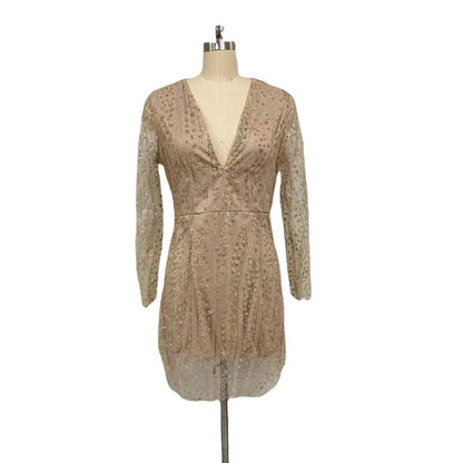 Sexy Deep V Sequin Bodycon Dress Long Sleeve Evening Gown