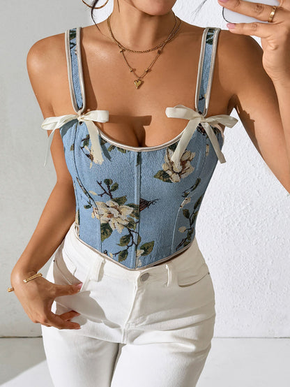 Sensual Floral Lace-Up Cami Top Vintage Style