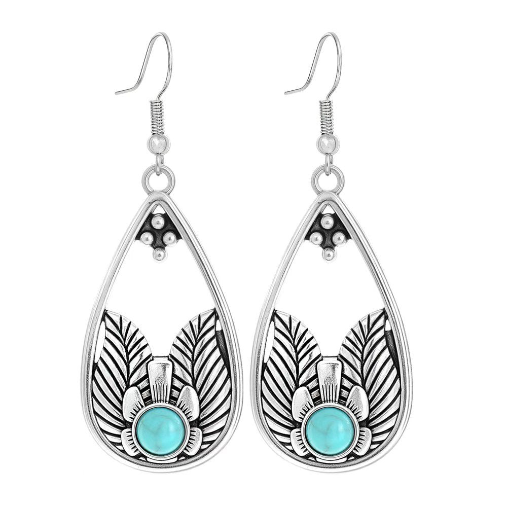 Simple Tribal Flower Teardrop Circle Turquoise Earring Set