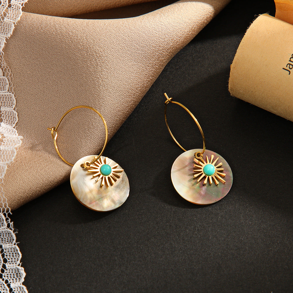 Sunburst Turquoise Shell Drop Hoop Earrings
