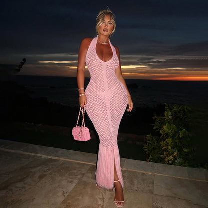 V Neck Backless Long Dress Chic Fringe Evening Dress