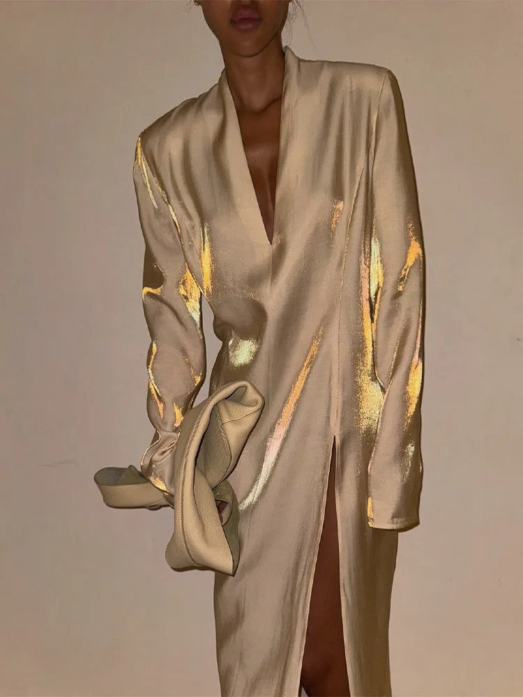 Shiny Gold V-Neck Split Casual Dress