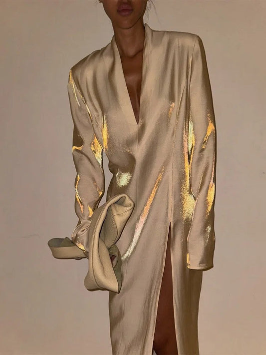 Shiny Gold V-Neck Split Casual Dress