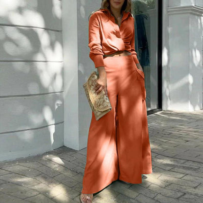 Casual Wide-Leg Pants Set with Pockets in Solid Colors
