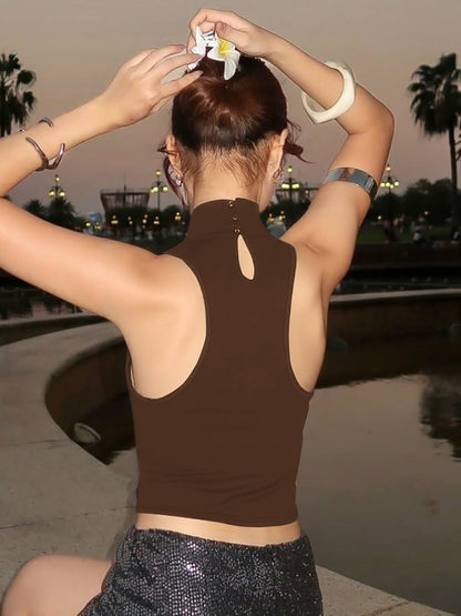 Cropped High Neck Sleeveless Top with Metal Ring in Trendy Street Style