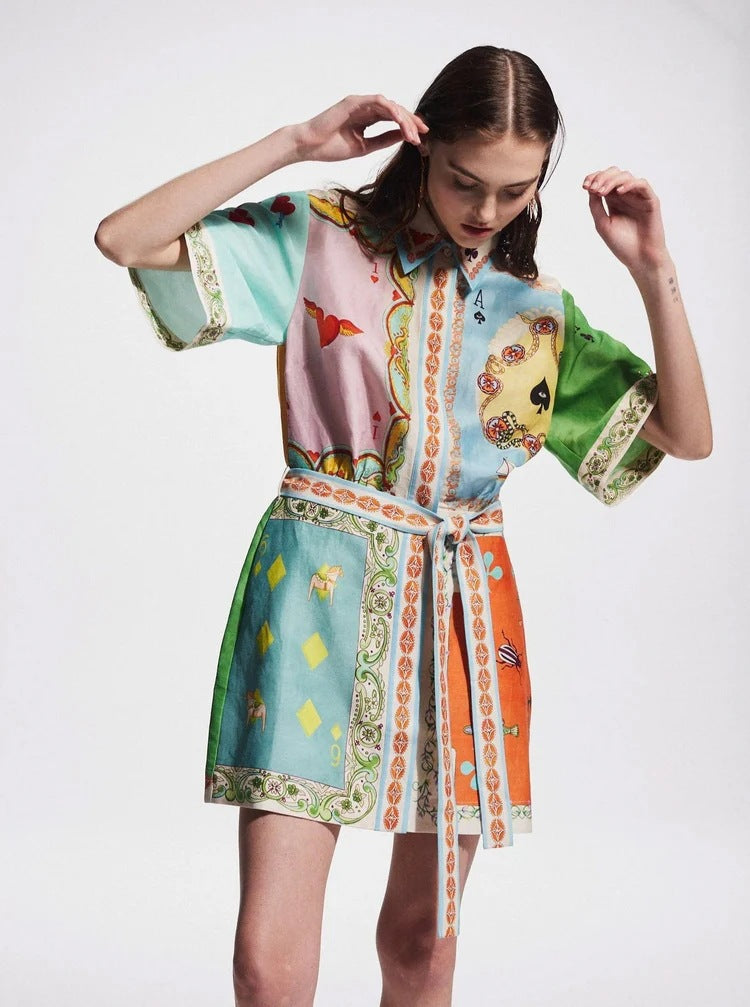 Casual Printed Linen Dress with Bell Sleeves