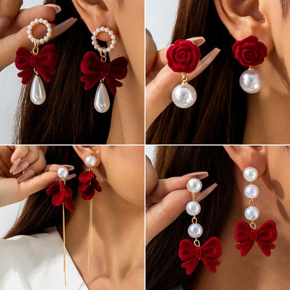 Red Velvet Butterfly Bow Floral Earrings Vintage Pearl Earrings