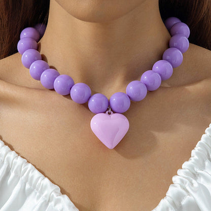 Personalized Chunky Bead Heart Pendant Necklace For Women