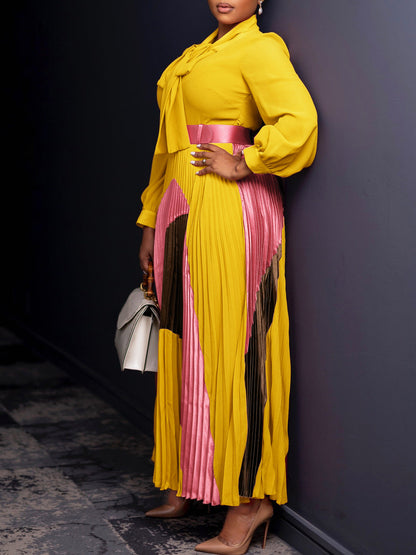Elegant Color-Block A-Line Dress With Belt