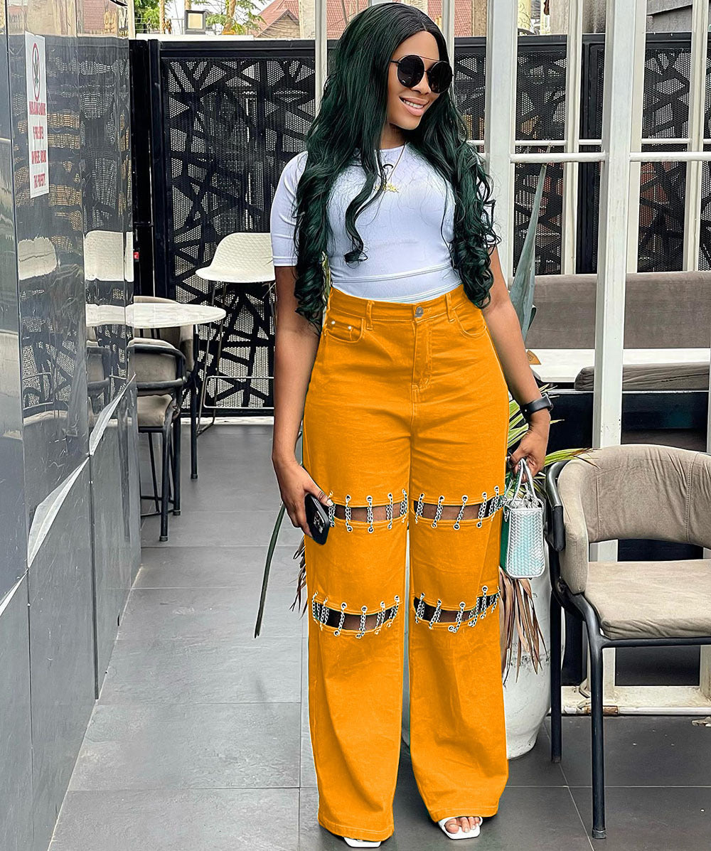 High-Waisted Denim Pants With Chain Details For Women