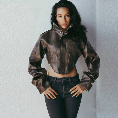 High Neck Zipper Short Pu Leather Jacket For Women