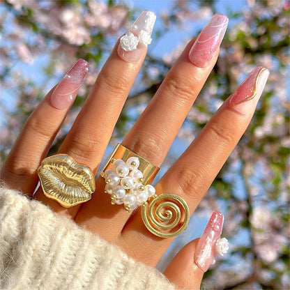 Geometric Statement Lip Alloy Pearl Ring Set
