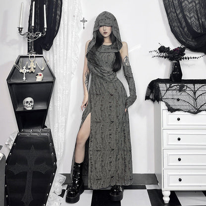 Hooded Long Dress with Side Slit in Solid Gray