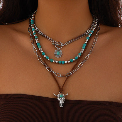 Vintage Turquoise Bull Skull Choker Necklace With Beads