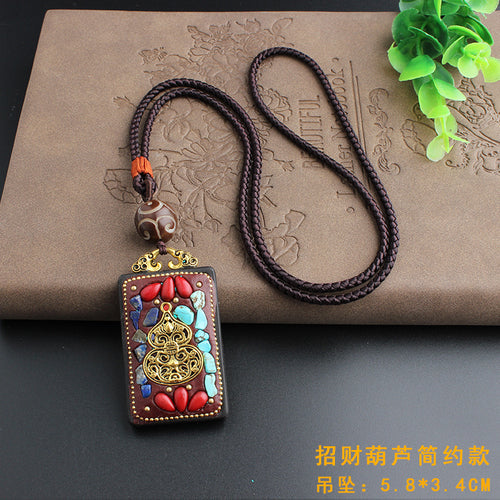 Vintage Ebony Nepal Pendant Fortune Transfer Necklace Long Versatile Ethnic Style Peace Card Pendant Necklace
