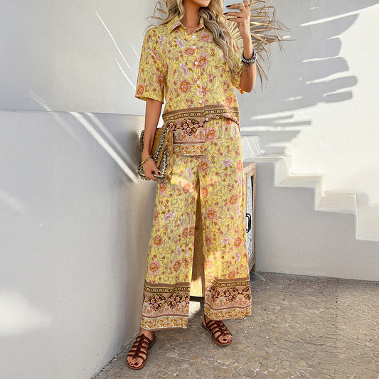 Bohemian Print Color Block T-Shirt and Long Pants Set for Women