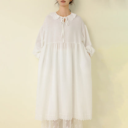Sweet Lace Collar Long Sleeve Maxi Dress Casual Bamboo Cotton