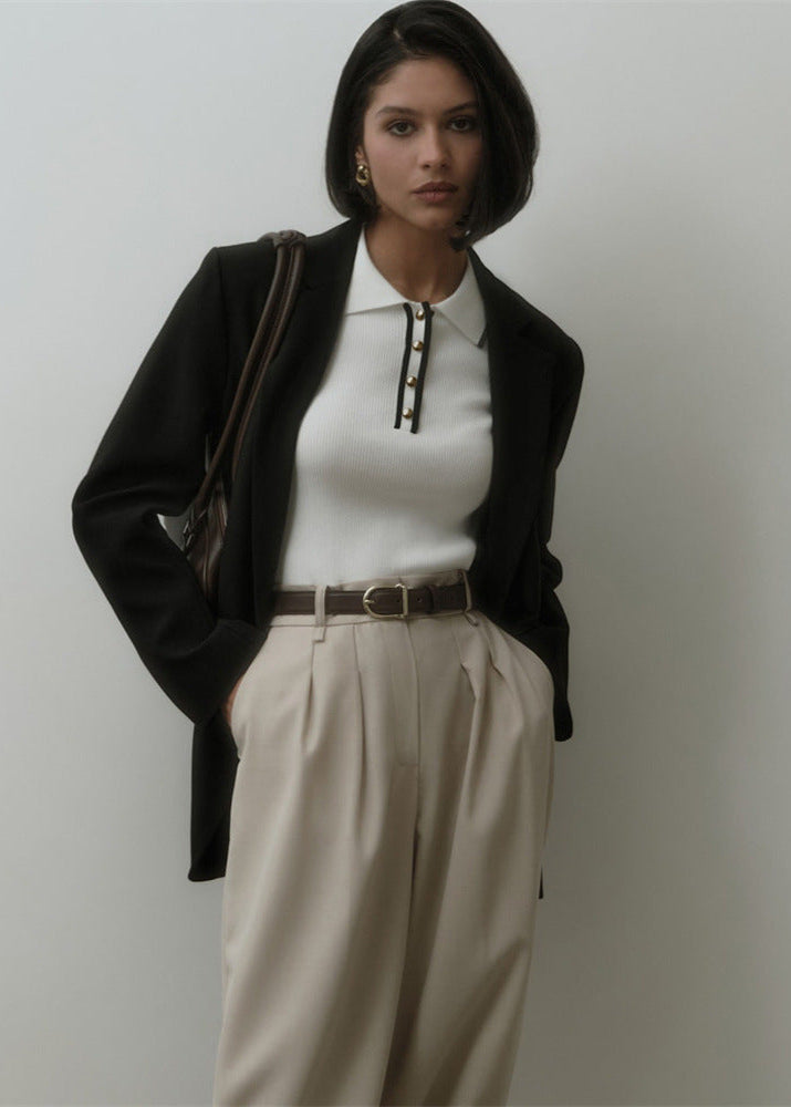 Ribbed Knit Polo Top with Contrast Trim