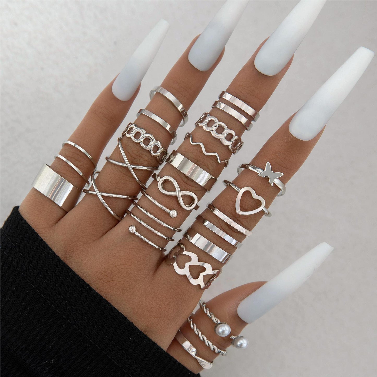 Trendy Leaf Heart Rings Geometric Pearl Joint Stacking Ring Set