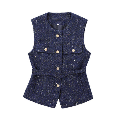 Elegant V-Neck Sleeveless Belt Waist Knit Vest