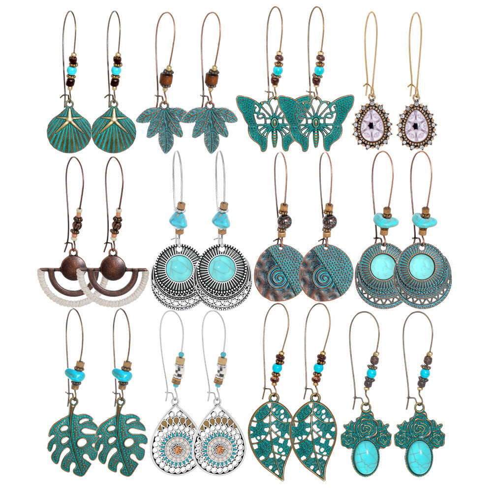 Vintage Floral Leaf Design Turquoise Alloy Earrings