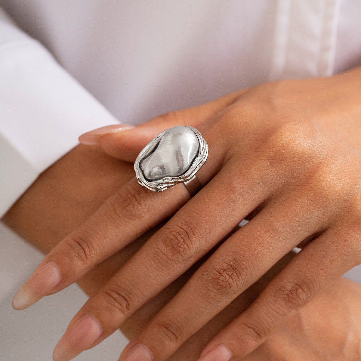 Baroque-Inspired Irregular Pearl Open Ring Elegant Geometric Jewelry