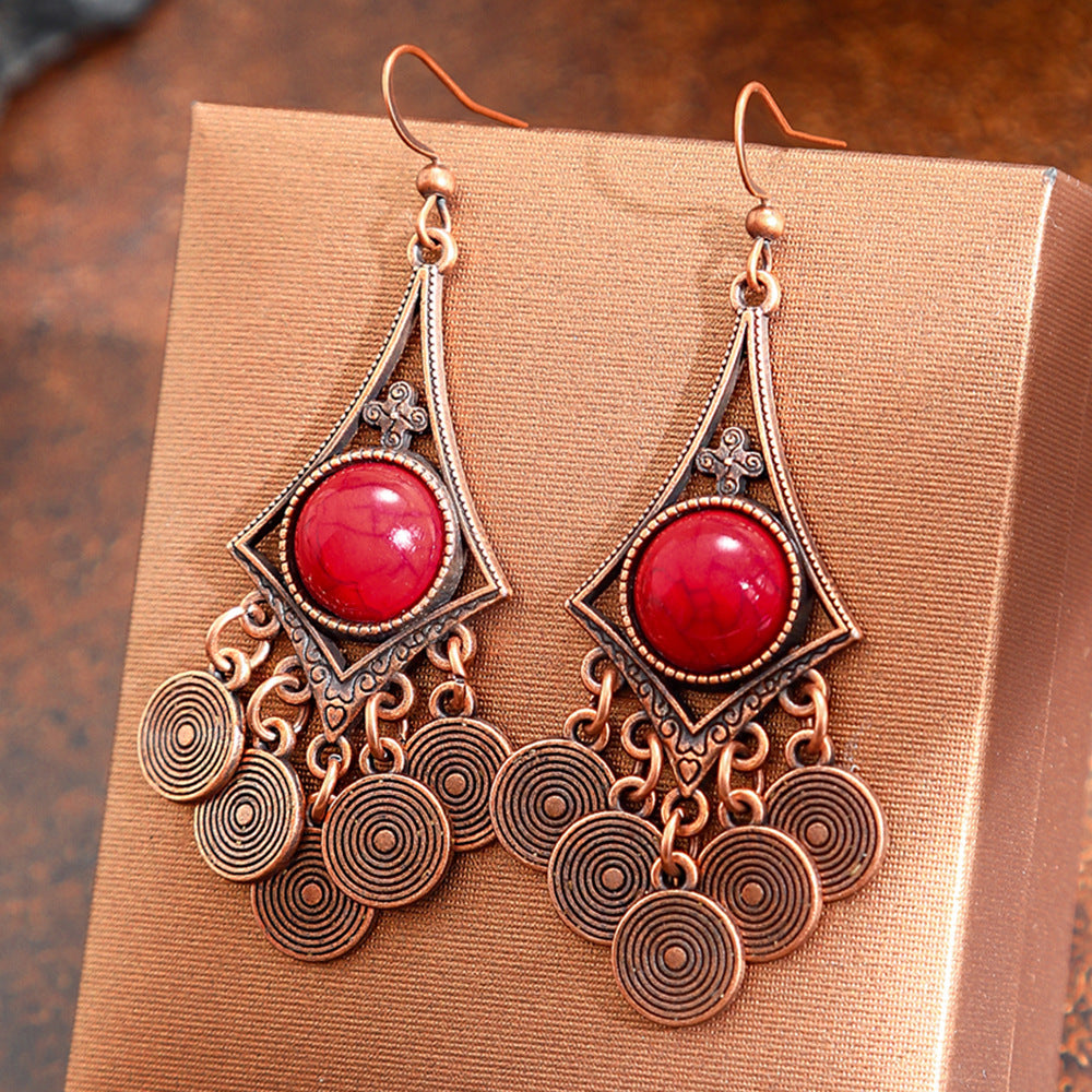 Bohemian Vintage Geometric Copper Tassel Earrings