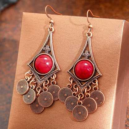 Bohemian Vintage Geometric Copper Tassel Earrings