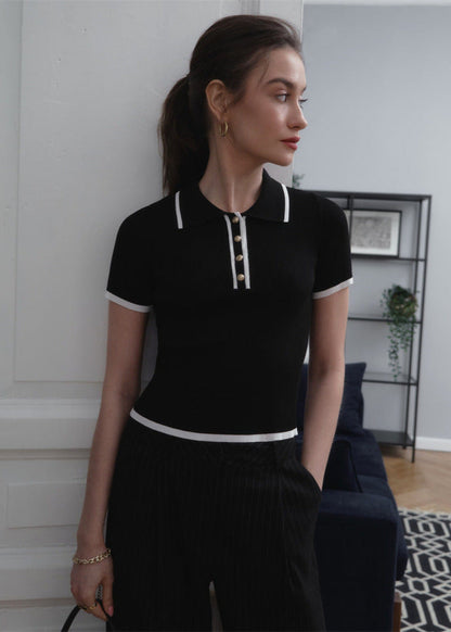 Ribbed Knit Polo Top with Contrast Trim