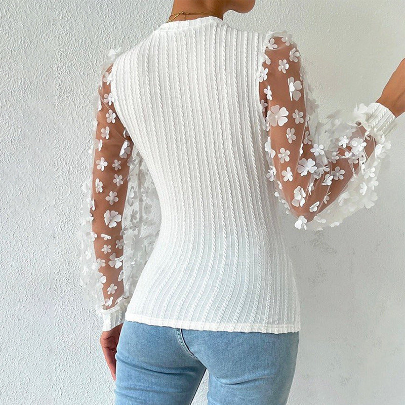 Women'S Mesh Small Flower Chiffon Shirt, Women'S Spring/Summer Round Neck Slimming Pullover Long Sleeved Top