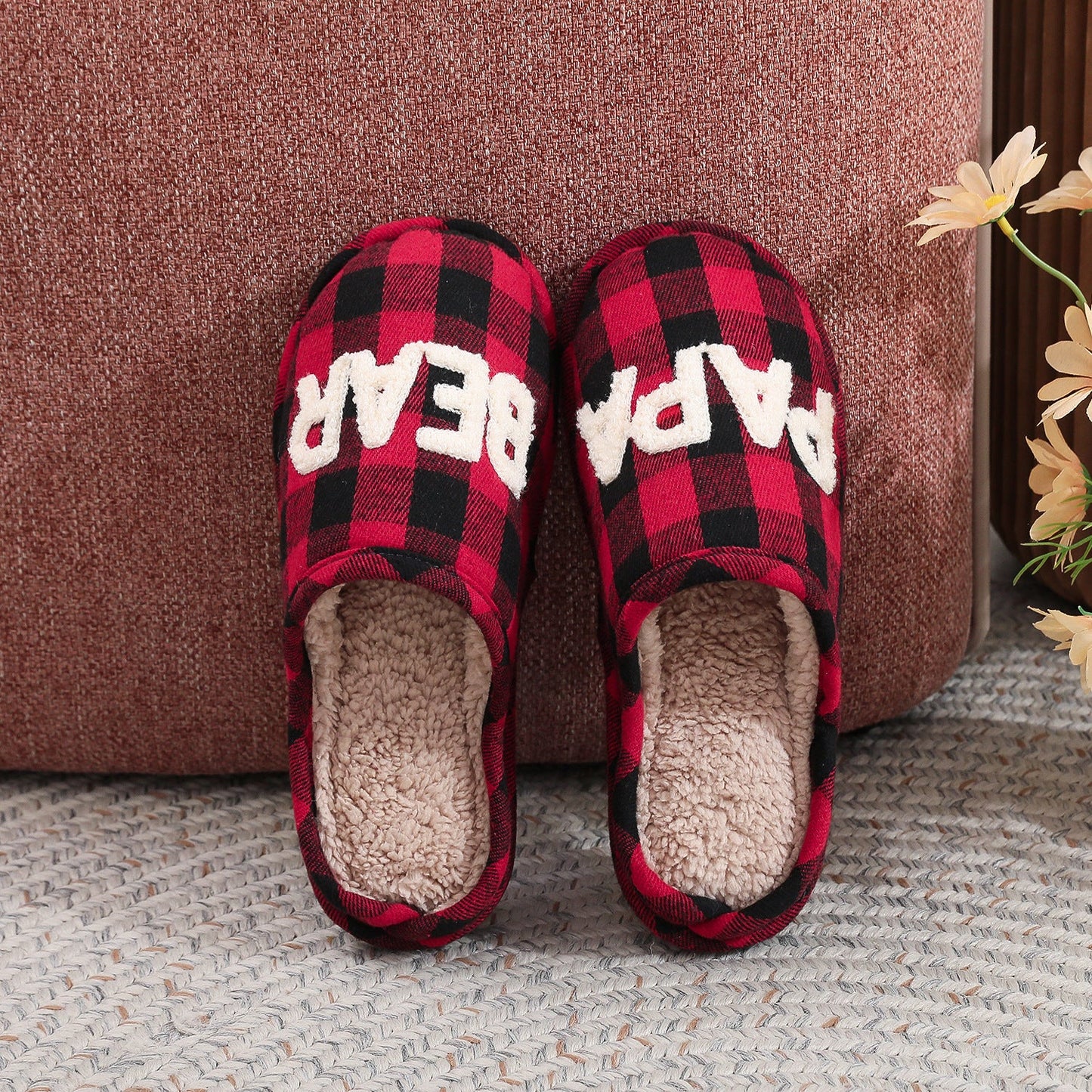 Winter Letter Embroidery Plaid Warm Indoor Slippers