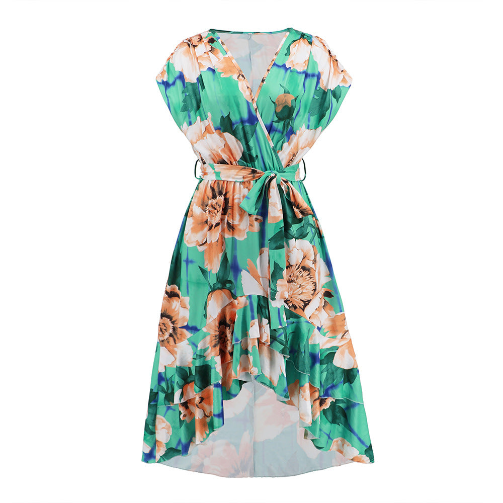 Summer New V-Neck Fishtail Dress Bat Sleeve Print Dress